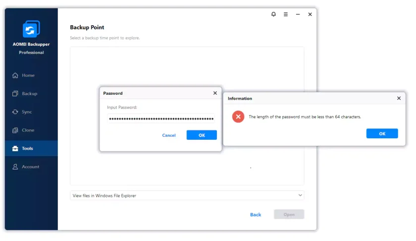 encryption password dialog showing the 64-character limit warning