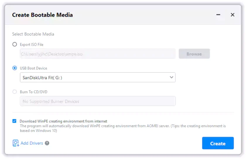 Create Bootable Media dialog with USB selected as the target