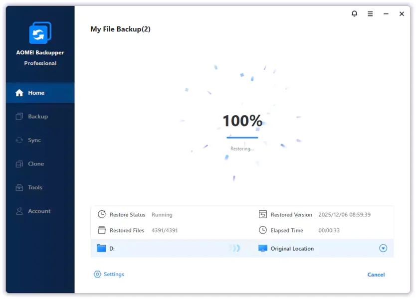 file restore of 4,391 files completed in 33 seconds