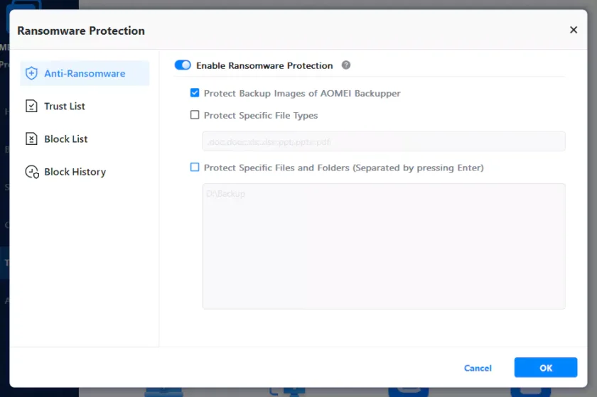 Ransomware Protection settings panel with the toggle enabled
