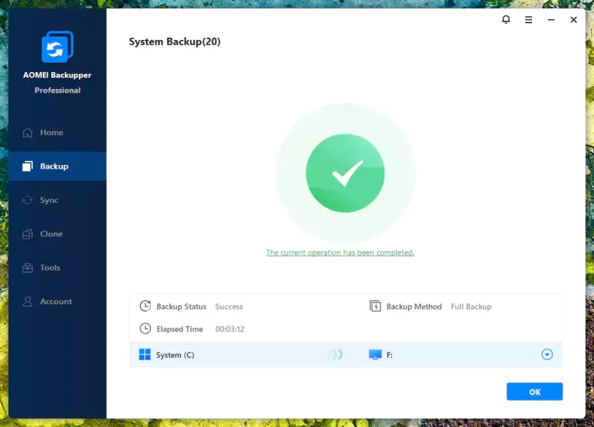system backup completed in 3 minutes 12 seconds