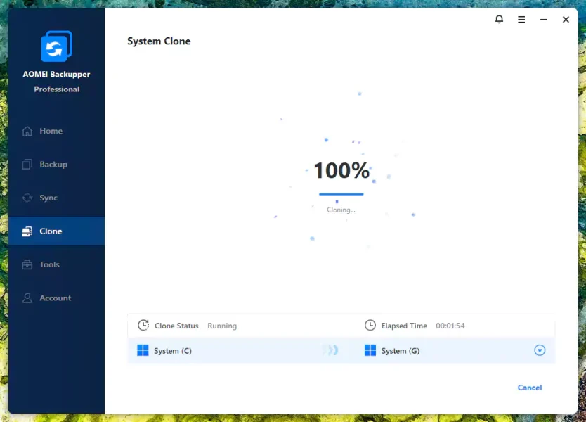 system clone progress at 100 percent after 1 minute 54 seconds