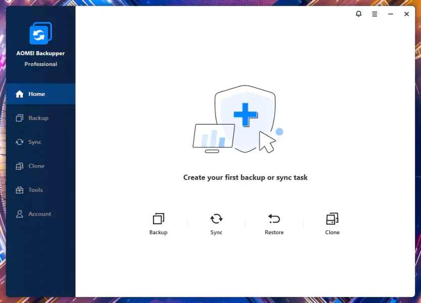 AOMEI Backupper Professional home screen showing the six-tab left sidebar
